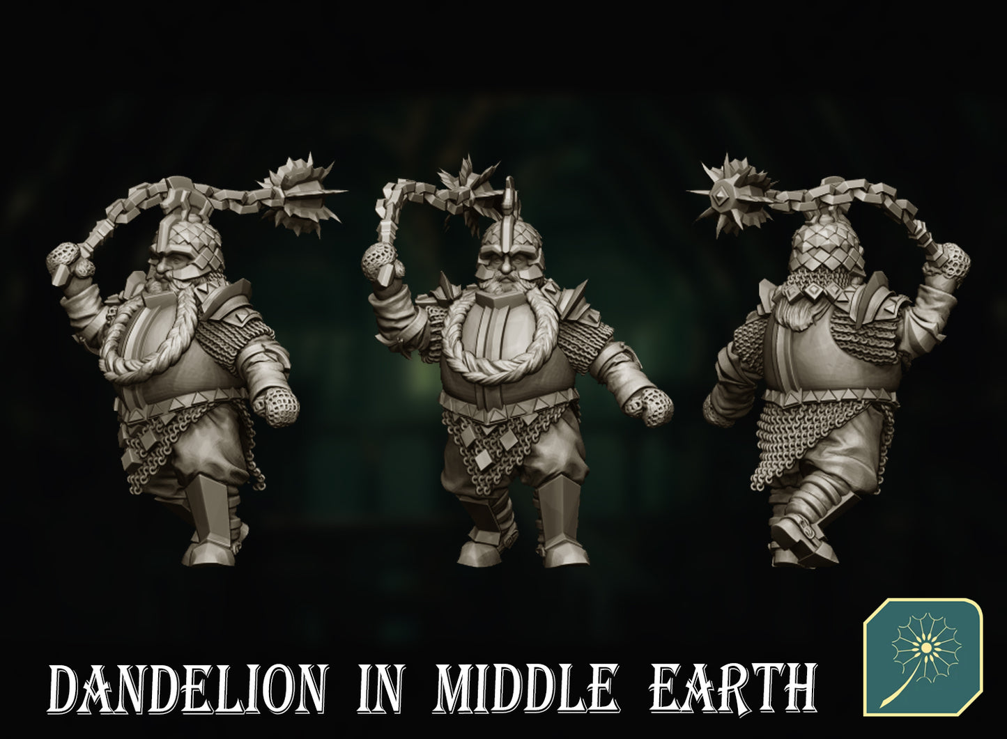 Master Dwarf Grombur (flail, warhorn or armored with flail) from Dandelion in Middle Earth